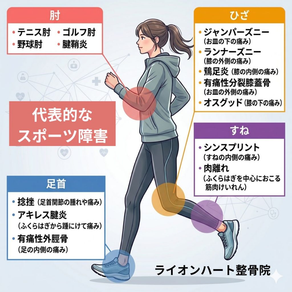 接骨院作成した、テニス肘、野球肘、ランナーズニー、オスグッド、シンスプリントなどの代表的なスポーツ障害の部位別解説イラスト